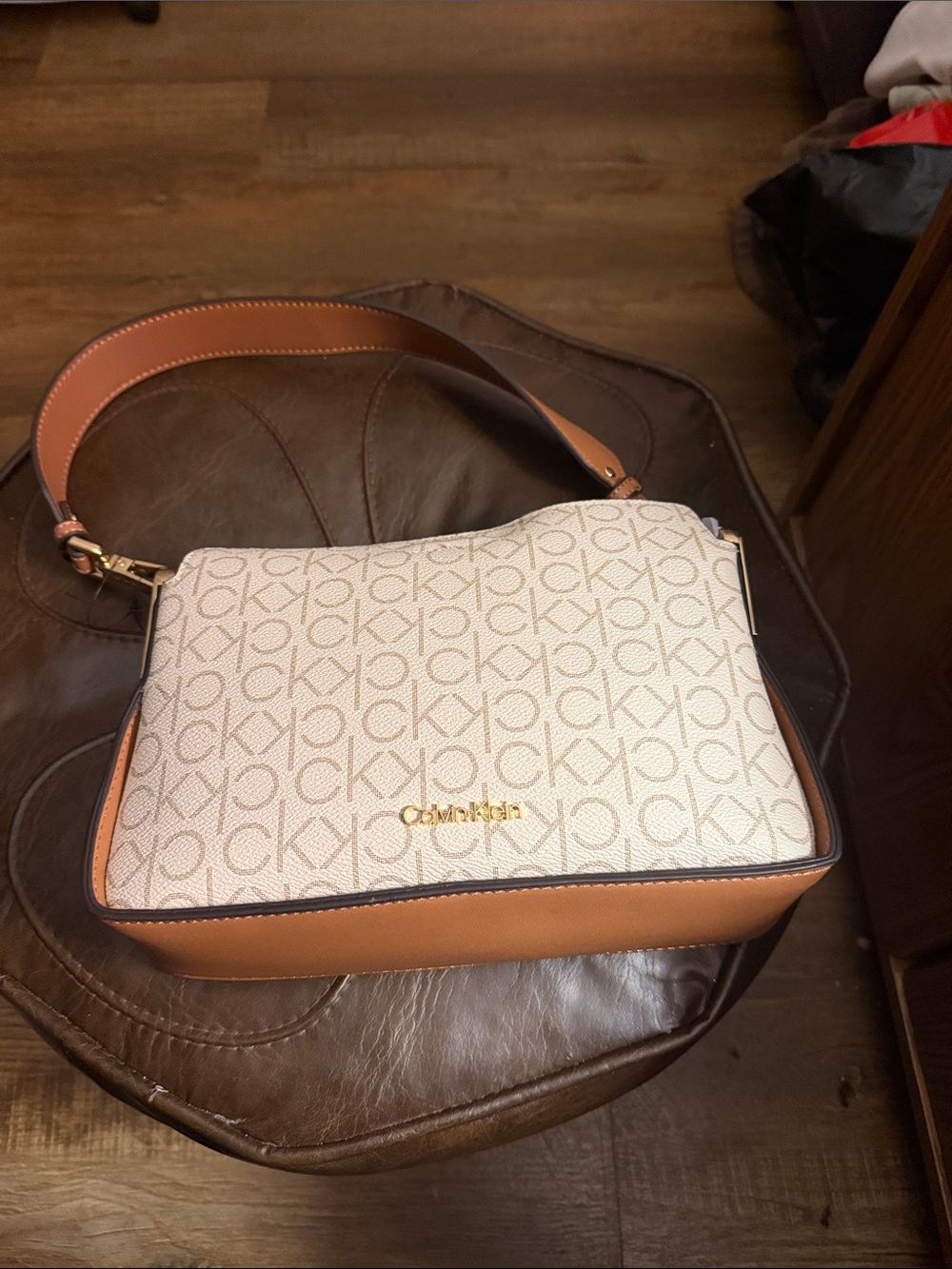 Calvin Klein Cream & Tan Logo Shoulder Bag